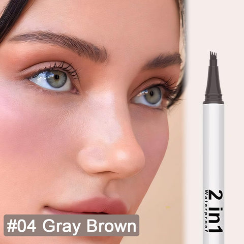 2Pcs Microblading Eyebrow Pen,Magical Precise Waterproof Brow Pen 2-in-1 Dual-Ended Eye Brow Pencil,Eyebrow Contouring Pen with 4-Fork-Tip&Precise Brush-Tip Create Natural Hair-Like Brows,Gray Brown