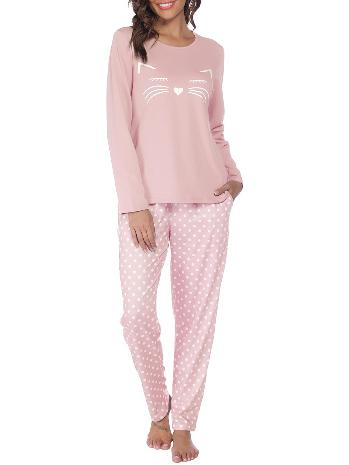 Reliwel Cotton Pajamas for Women Set 2 Piece Print Cotton Pajama Sets Long Sleeve & Pants Pj Sets Sleepwear with Pockets