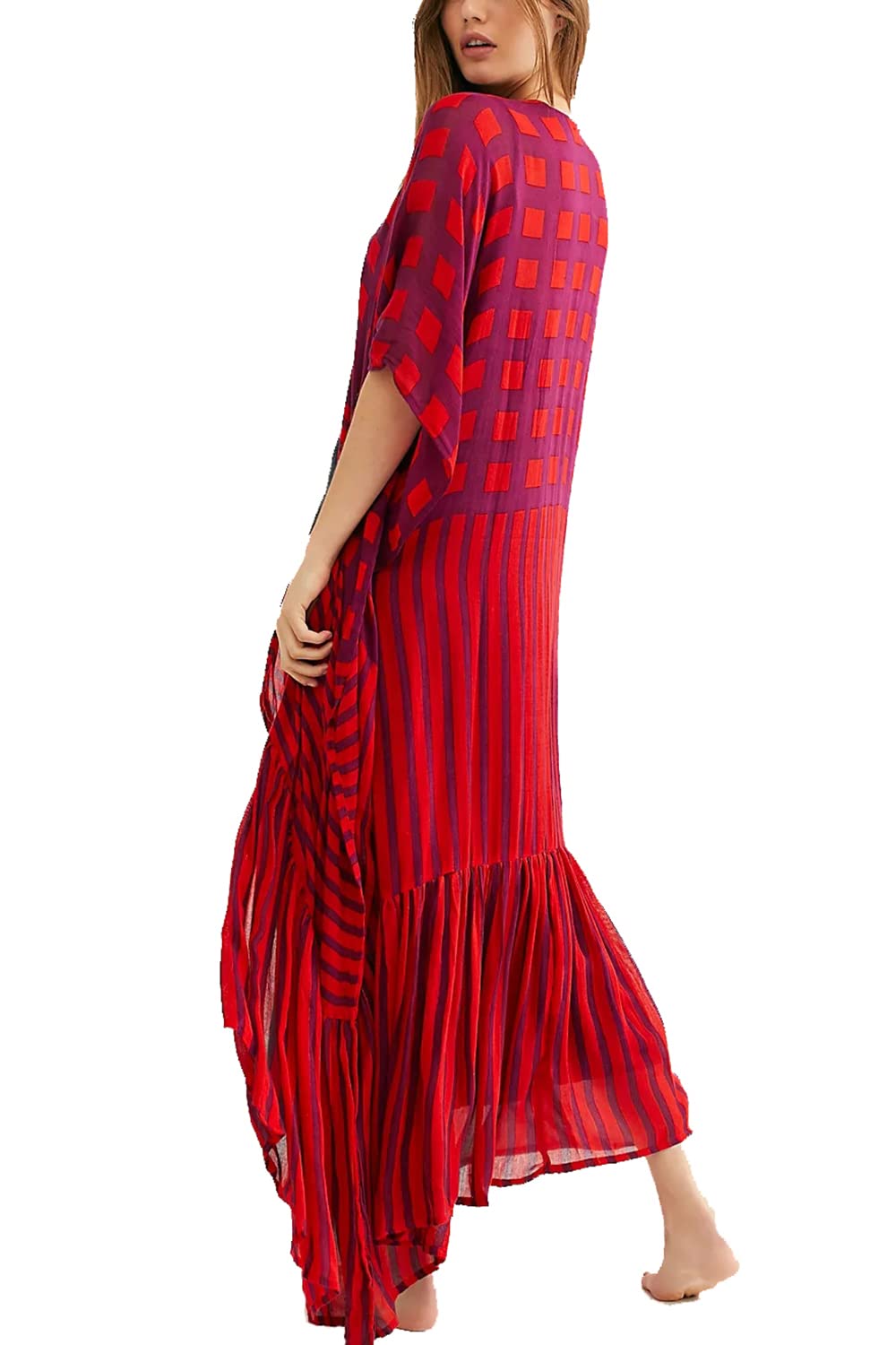 YouKD Women's Boho Long Cardigan Dress Large Size Kimono Beach Swimsuit Cover Up Dresses A Red