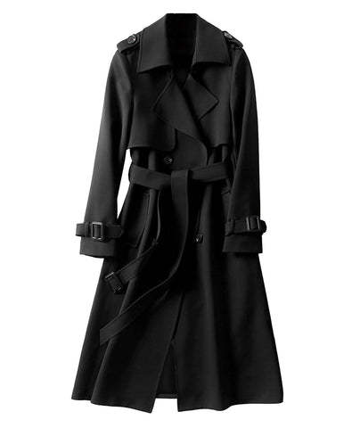 SOMTHRON Women's Double Breasted Long Trench Coat Belted Notch Lapel Overcoat Windproof Classic Outerwear, Black, X-Large