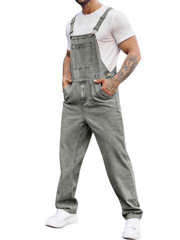 Runcati Men's Denim Bib Overalls Jeans Fashion Boot Cut Trousers Casual Slim Fit Adjustable Straps Jumpsuit (US, Alpha, Large, Regular, Regular, Grey)