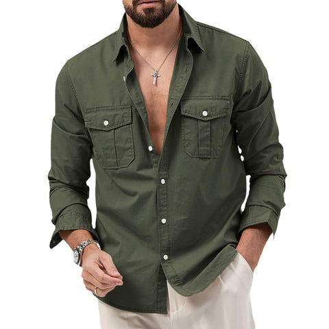 NAKEAH Men's Cargo Shirt Autumn Solid Color Casual Loose Front Pocket Design Lapel Long Sleeve Cardigan Shirts Army Green XL