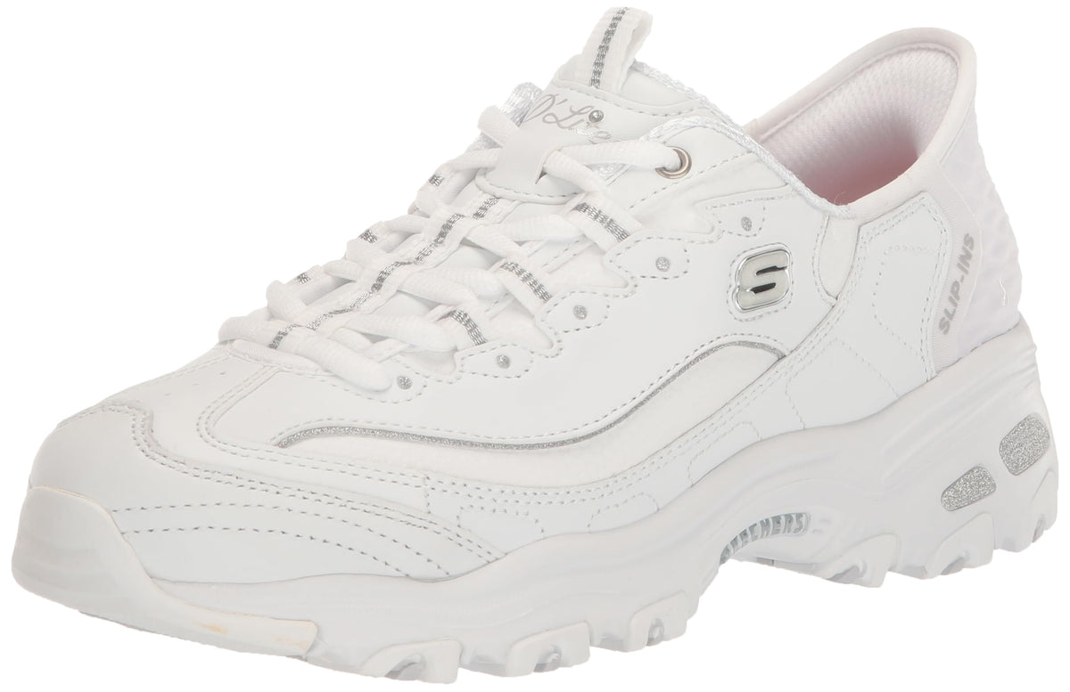 Skechers Sport Women's Women's D'Lites New Scene Hands Free Slip-Ins Sneaker, White/Silver, 5