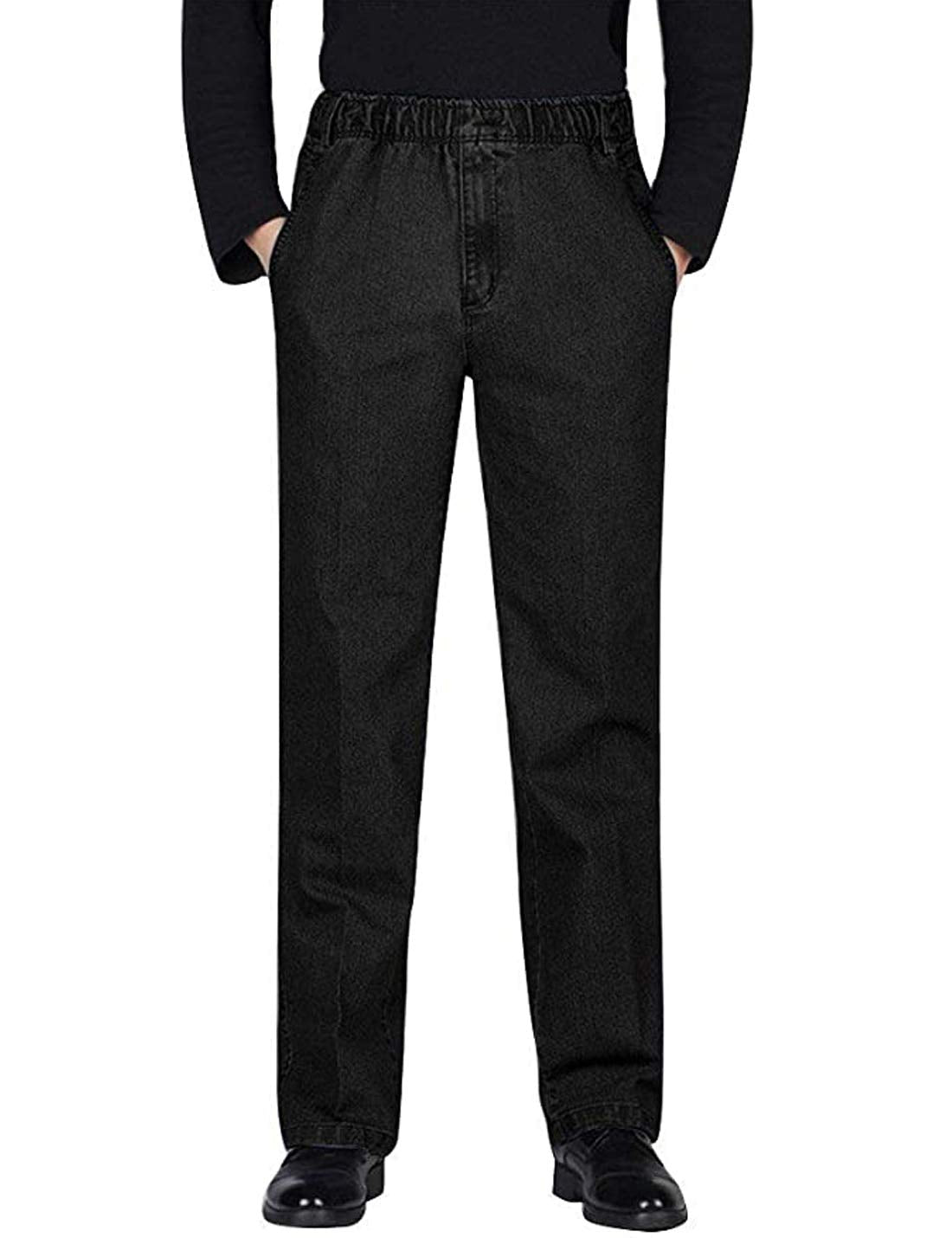 Locachy Men's Elastic Waist Denim Pants Casual Loose Straight Jeans, #1 Black, 32