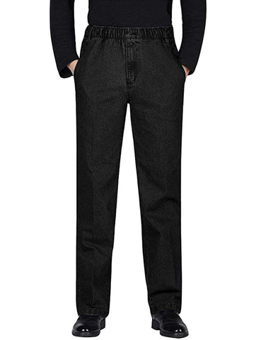 Locachy Men's Elastic Waist Denim Pants Casual Loose Straight Jeans, #1 Black, 32