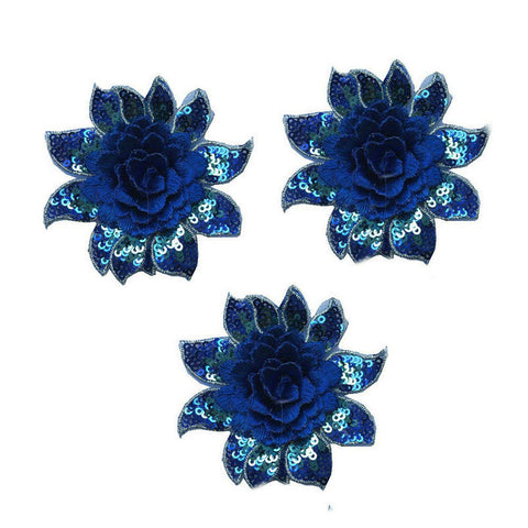 3D Flower Sequins Lace Applique Charming Blue/Purple/Rose red Color Embroidered Fabric Trim DIY Sewing Craft 2 Pieces 8X7.5cm