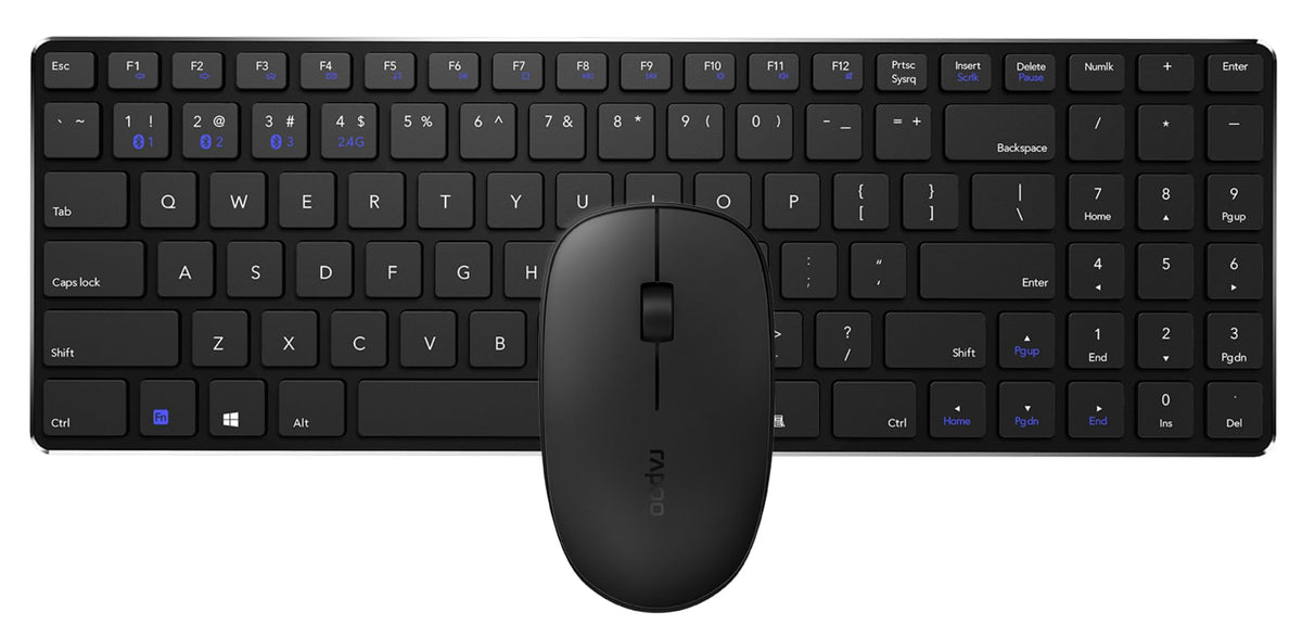 RAPOO | Wireless Keyboard and Mouse 9300M (QWERTY Keyboard and Bluetooth Ergonomic Mouse, Autonomy of up to 12 Months, Ultrathin Keyboard, Ergonomic Mouse, 1300 DPI), Black.
