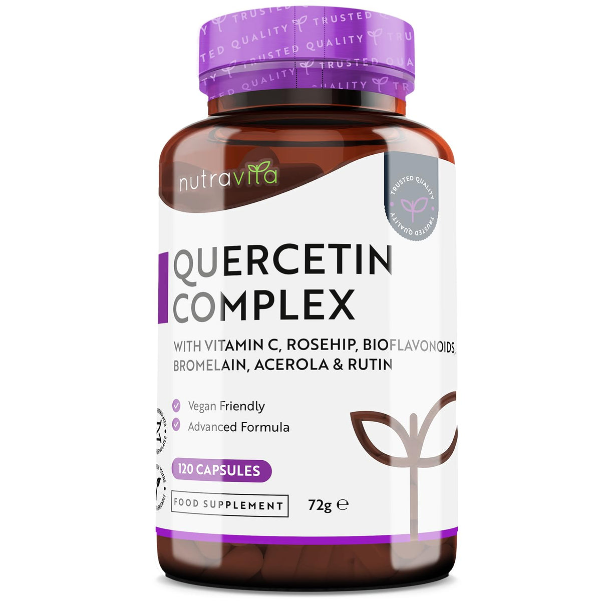 Quercetin 500mg with Bromelain & Vitamin C - 120 Vegan Capsules - for Immune Support - Blended with Rosehip, Bioflavonoids, Acerola and Rutin - Made in The UK by Nutravita