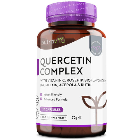 Quercetin 500mg with Bromelain & Vitamin C - 120 Vegan Capsules - for Immune Support - Blended with Rosehip, Bioflavonoids, Acerola and Rutin - Made in The UK by Nutravita