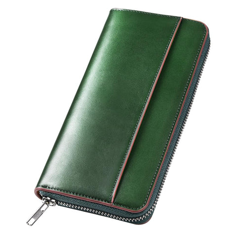 Matakul LONG WALLET,Leather Wallet, Long Zippered Pouch Wallet for Men, Tochigi Leather Wallet with YKK Zipper,Large Capacity,Coin Purse,Stylish,Unisex,(Green)