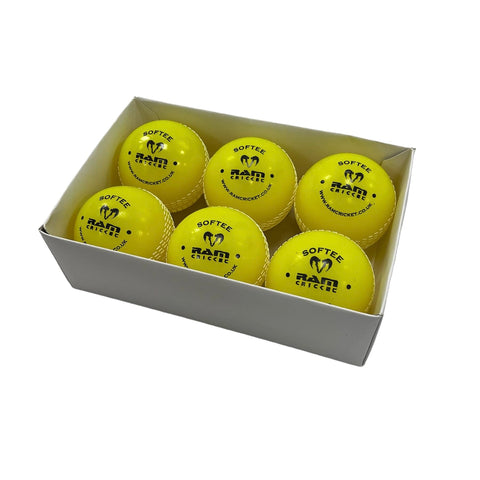 Ram Cricket Softee - Coaching Cricket Balls - Box of 6 - Embossed Seams - Soft Plastic Outer with Mid Pressure Firm Bounce - Perfect Entry Level Training Ball - Indoor & Outdoor Use - Junior