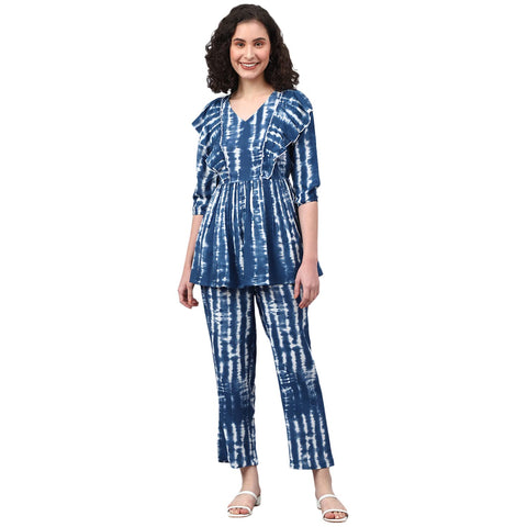 DEEBACO Women's Tie-Dye Rayon Frilled Top & Pant Set|Relaxed Fit Co-Ord Set for Women|V-Neck 3/4 Sleeves|Western Casual Wear Set|Dress for Women Cord Sets|Two Pieces Outfit (Blue), Blue, XL