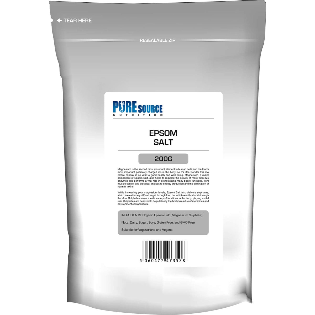 Pure Source Nutrition Epsom Salt Epsom Salts 200g for Bath Bathing Bath Bombs | 100% RAW Pure Natural | FCC Food Grade | Magnesium Sulphate