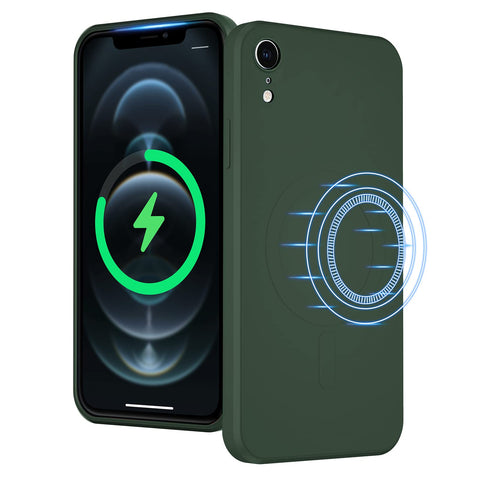 UEEBAI Liquid Silicone Wireless Charging Phone Case for iPhone XR, Built-in Magnets Compatible with MagSafing Faster Charging Slim Fit Soft Microfiber Cover - Dark Green
