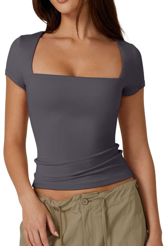 QINSEN Short Sleeve Tee Shirt for Women Square Neck Curved Shoulders Going Out Tops Dark Grey Small