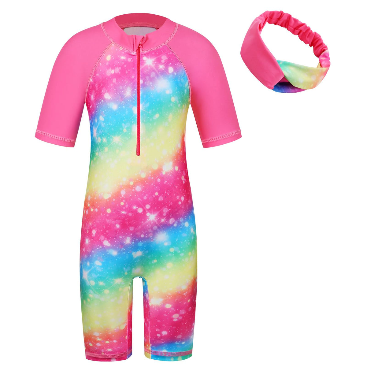 Girls Swimsuit UPF 50+ UV One Piece Swimwear Zipper Rashguard Bathing Suit with Hairband S428_Rainbow_12A