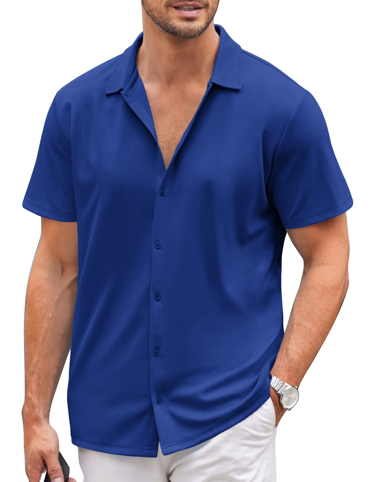 COOFANDY Mens Short Sleeve Button Up Shirts Lightweight Stretch Shirt Knitted Shirts Classic Blue