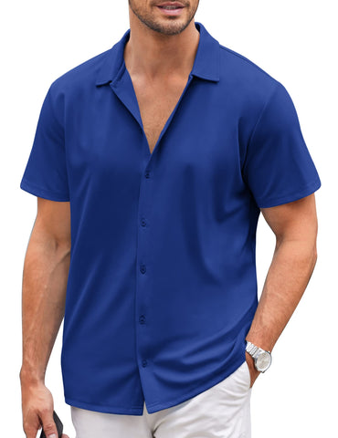 COOFANDY Mens Short Sleeve Button Up Shirts Lightweight Stretch Shirt Knitted Shirts Classic Blue