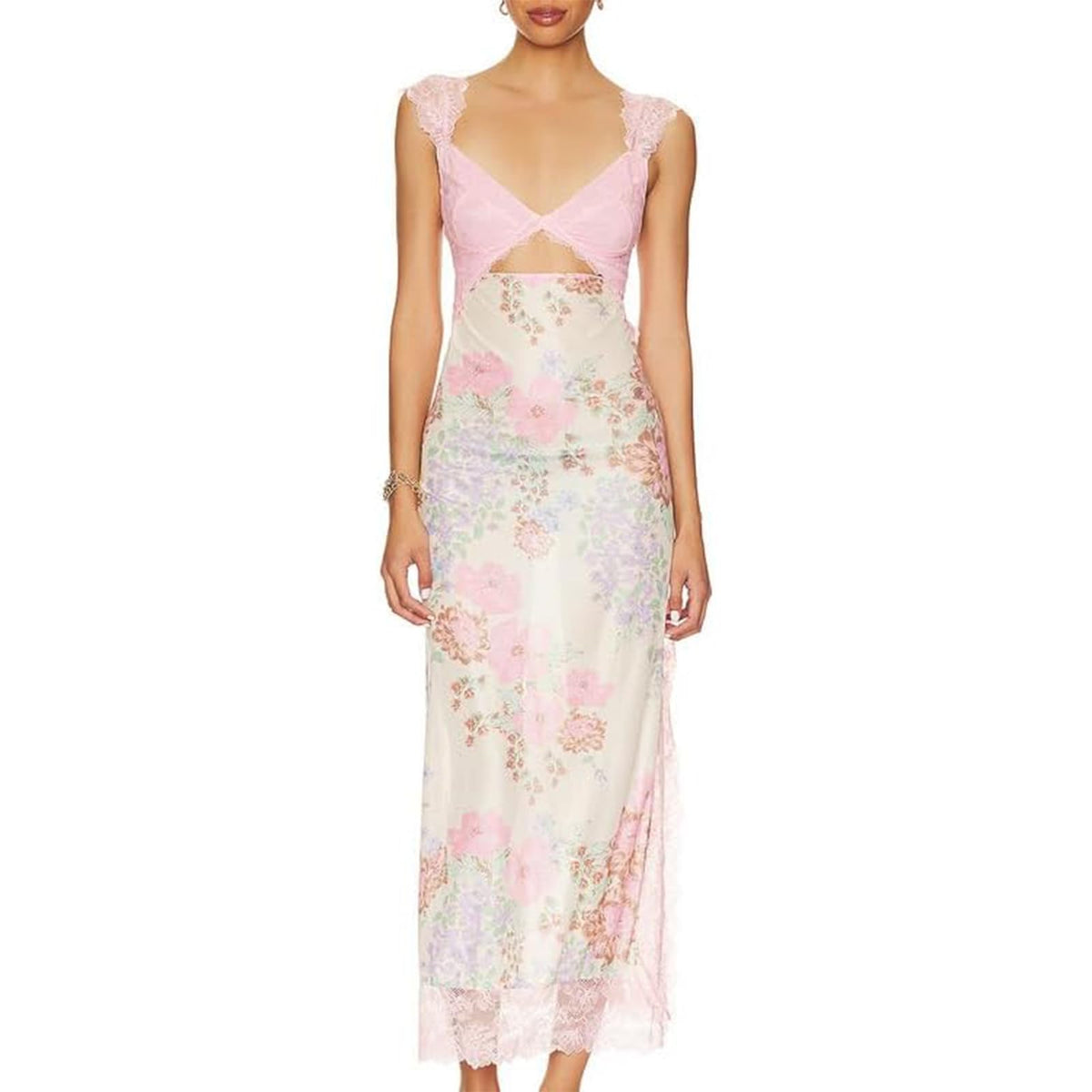 Women's Y2k Floral Printed Lace Backless Bodycon Maxi Dress Sleeveless Patchwork Dress Spaghetti Strap Long Dress (Pink,Small,Small)