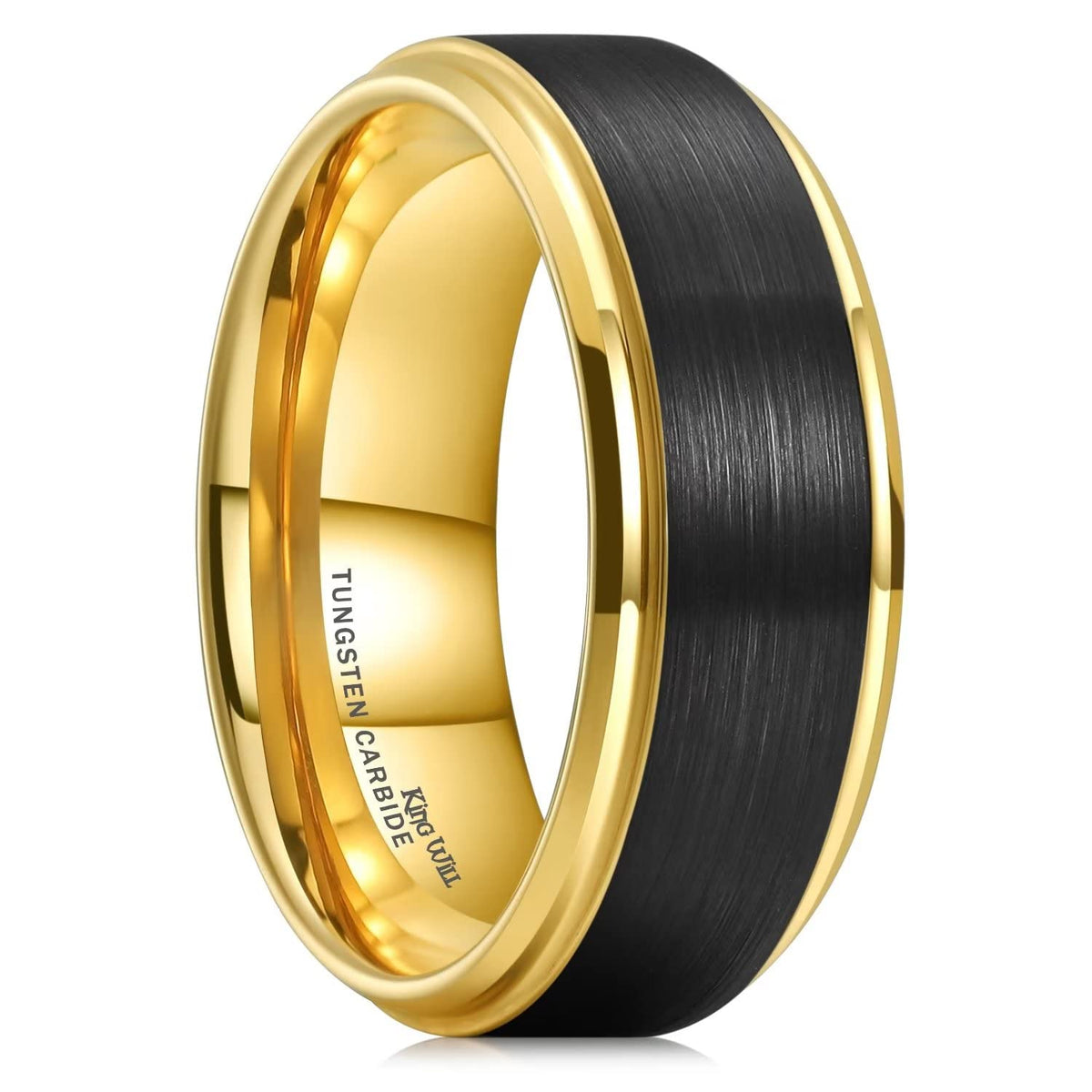 King Will 8mm Black Tungsten Carbide Wedding Ring Band for Men Matte Tungsten Ring Inner Plated Gold Step Edge Wedding Band Comfort Fit Men Women 13