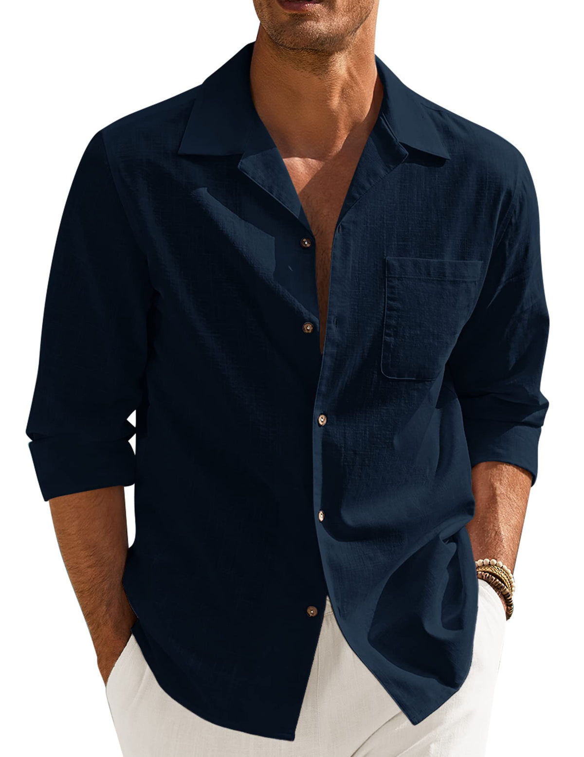 COOFANDY Men Cotton Linen Shirts Long Sleeve Cuban Collar Shirt Beach Resort Shirts Navy Blue