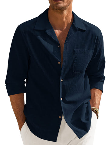 COOFANDY Men Cotton Linen Shirts Long Sleeve Cuban Collar Shirt Beach Resort Shirts Navy Blue