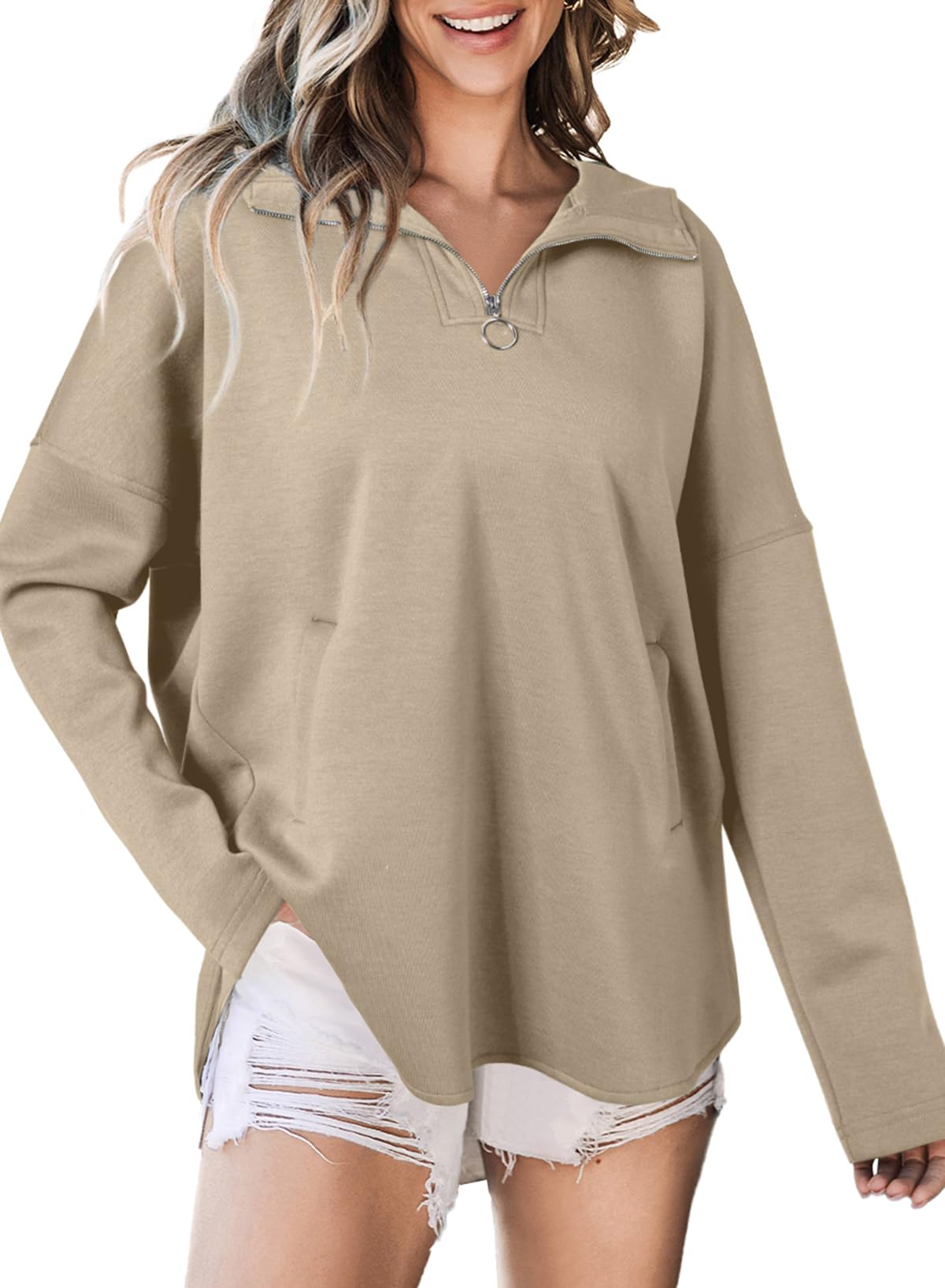 EVALESS Womens 2024 Fashion Trendy Oversized Fall Sweatshirt Casual Cute V Neck Long Sleeve Loose Zipper Up Hoodies Pullover Outfits Clothes,Khaki X-Large