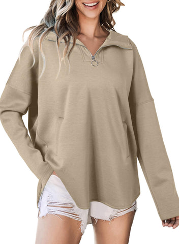 EVALESS Womens 2024 Fashion Trendy Oversized Fall Sweatshirt Casual Cute V Neck Long Sleeve Loose Zipper Up Hoodies Pullover Outfits Clothes,Khaki X-Large