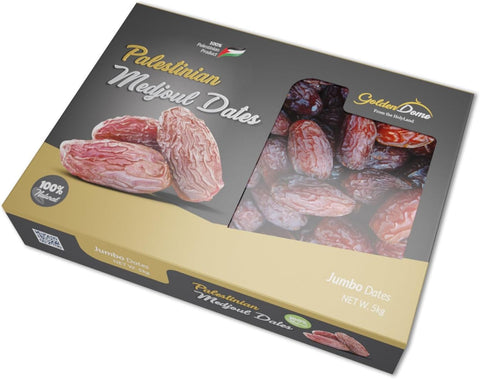 Golden Dome Delicious and Juicy Jumbo Medjool Dates (Box of 5kg) - All Natural, No Added Sugar, Free from Additives, Sustainably Grown and Hand-Picked Palestinian Dates