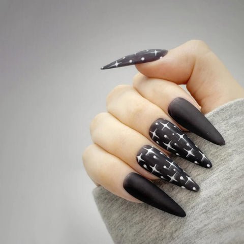 JUSTOTRY Pack of 24 Stiletto Nails for Sticking, Long with Stars, Black French Artificial Nails, Gothic Almond Artificial Nails, Press On Nails, Pretty Fingernails, Fake Nails for Women