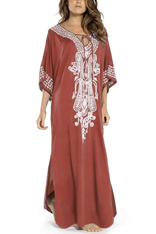 YouKD Summer Embroidered Floral Loose Caftan Boho Beach Bikini Cover Up Dress Plus Size Robe for Women