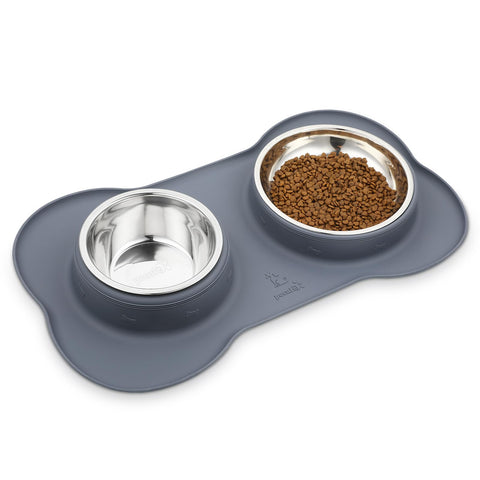 pecute Dog Bowls Non Slip, Stainless Steel Double Bowls Set with Non-Spill Silicone Mats Tray for Medium Dogs Water Food Feeding (26oz Each Bowl,Grey)