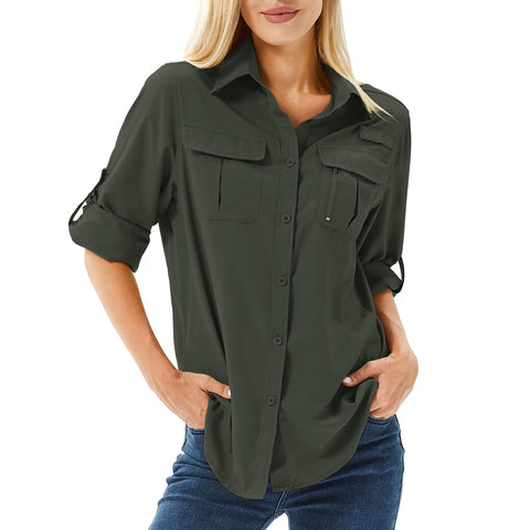 Toumett Women's UPF 50 Long Sleeve UV Sun Protection Safari Shirts Outdoor Quick Dry Fishing Hiking Travel Shirts, Amy Green, M