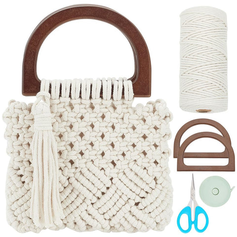 WEBEEDY Macrame Bag Kit for Adults Beginners DIY Macrame Fringe Tassel Handbag Making Kit Boho Macrame Tote Bag with Wooden Handle Macrame Craft Kits for Women Holiday Beach Decor
