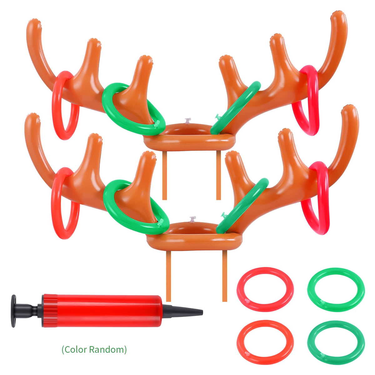 Jsdoin 2 Set Inflatable Reindeer Ring Toss Game, 2 Brown Antler Hat, 12 Reindeer Ring Toss and 1 Randomly Colored Handpump,Perfect for Family Christmas Party Games, Pass The Parcel
