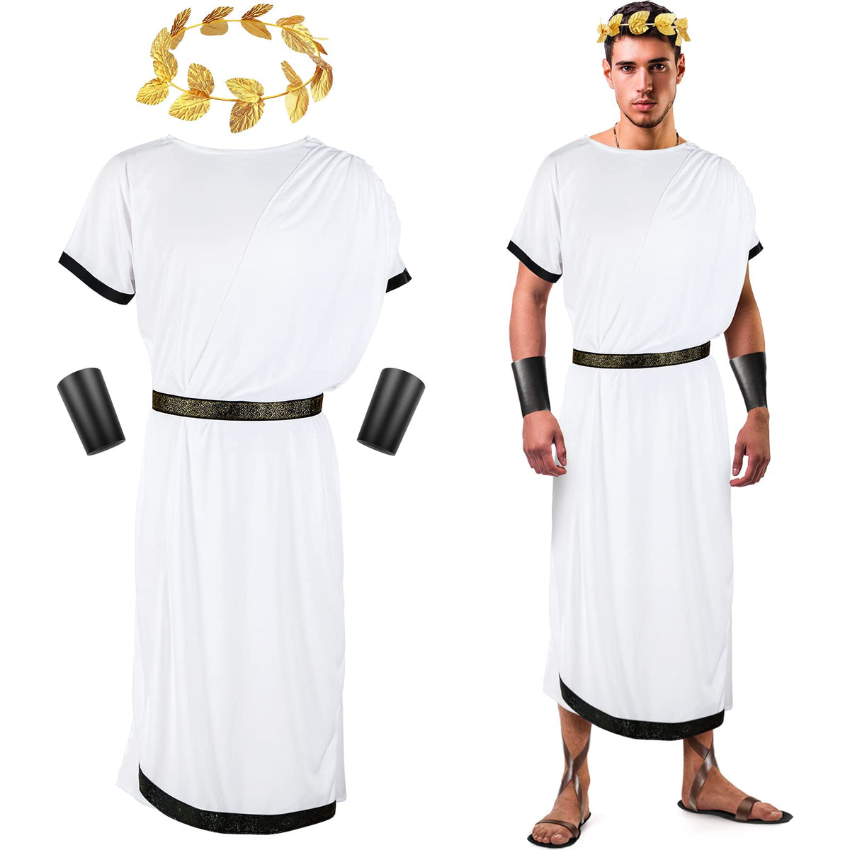 SATINIOR 4 Pcs Greek Men Toga Costume Greek God Costume Halloween Adult Roman Costume with Leaf Laurel Wreath Wristband(Medium)