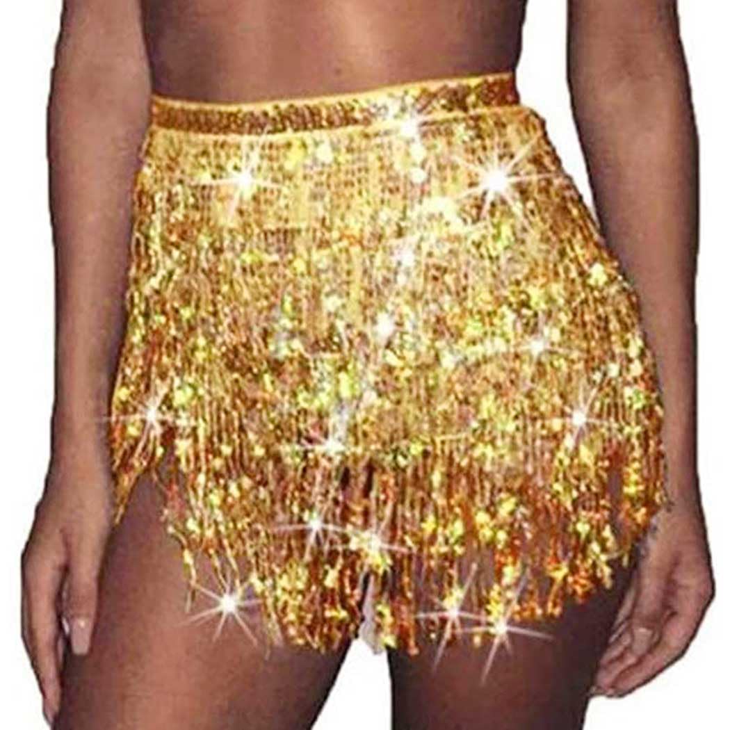 Unicra Sequins Tassel Skirts Belly Dance Skirt Festival Outfit Ballet Dance Fringe Hip Scarf Costume Rave for Women and Girls (Gold)