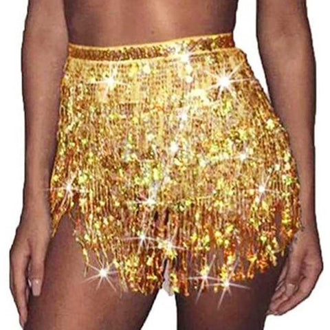 Unicra Sequins Tassel Skirts Belly Dance Skirt Festival Outfit Ballet Dance Fringe Hip Scarf Costume Rave for Women and Girls (Gold)