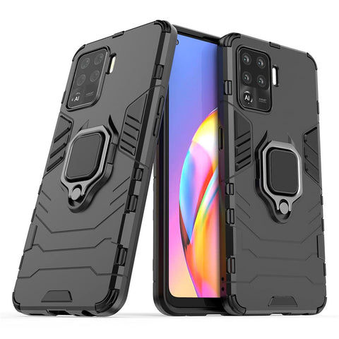 Compatible with OPPO A94, OPPO F19 Pro Case, Metal Ring Grip Kickstand Shockproof Hard Bumper (Works with Magnetic Car Mount) Dual Layer Rugged Cover (Black)