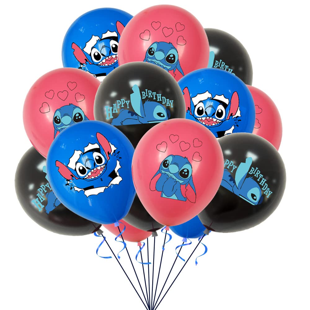 15Pcs Stich Balloons,Stich Party Latex Balloons,12 inch Black Red Blue Stich Balloons Stich Patterned Balloons for Stich Party Decorations Kids Boys Girls Birthday Balloon Party Supplies