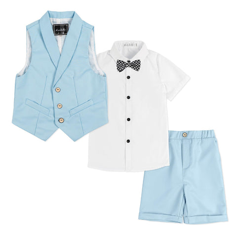 LOLANTA 4-Piece Kids Waistcoat Suit, Boys Wedding Party Shorts Set, Page Boy Outfit, Shirt, Bow Tie, Shorts, Waistcoat, Blue, 11-12 Years, 170