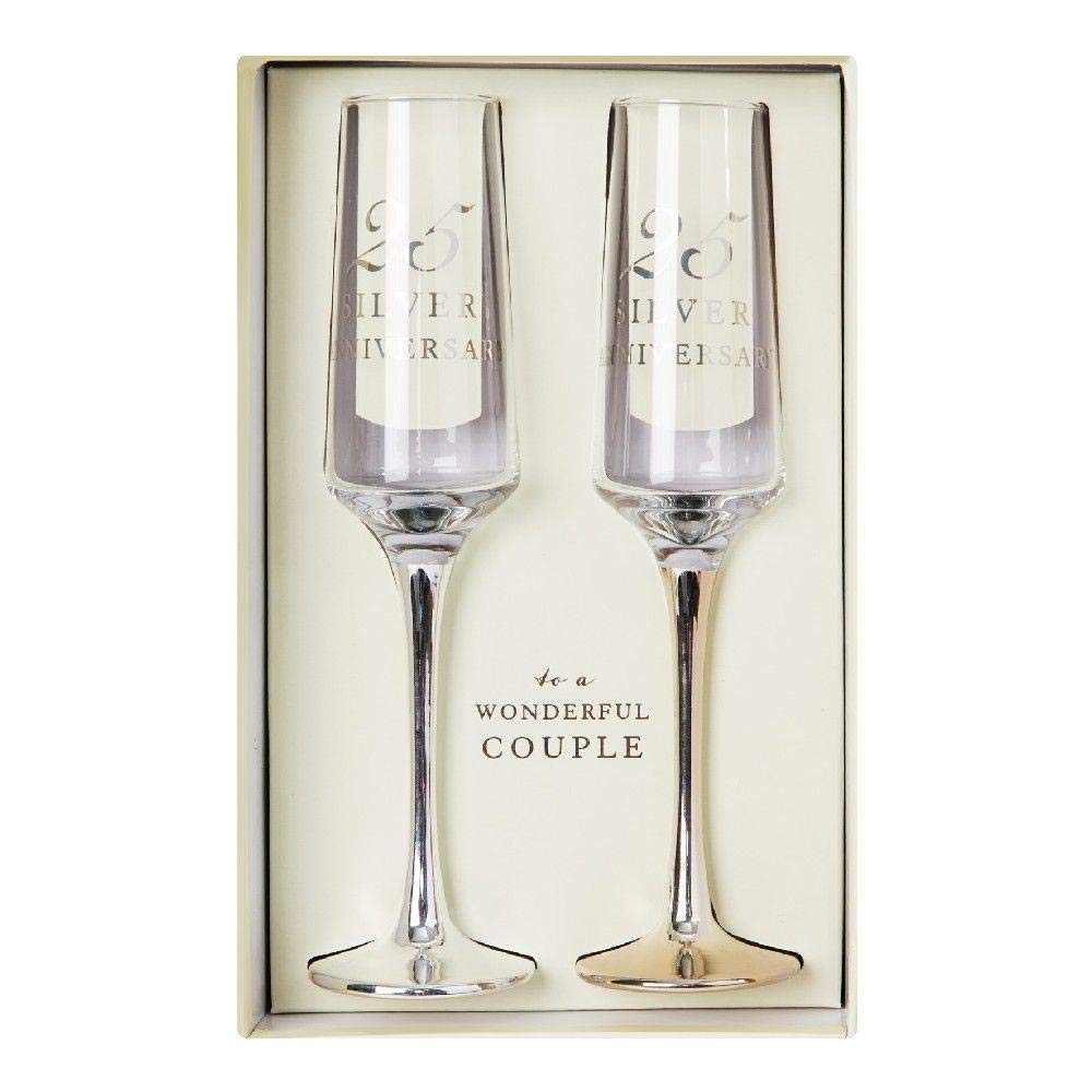 Quality SILVER 25th WEDDING ANNIVERSARY Design Straight Champagne Flutes Pair - Silver Stem - Ideal Silver Wedding / 25th Wedding