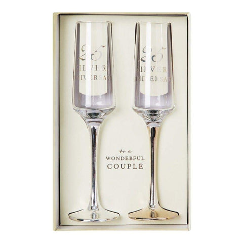 Quality SILVER 25th WEDDING ANNIVERSARY Design Straight Champagne Flutes Pair - Silver Stem - Ideal Silver Wedding / 25th Wedding
