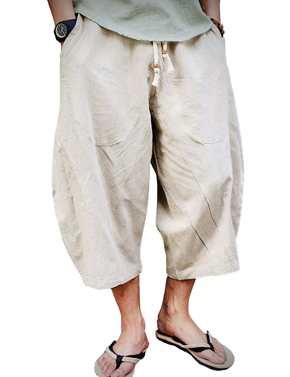 EKLENTSON Mens Capri Pants Cotton Linen Lightweight Loose 3/4 Long Shorts below Knee White Casual Beach Yoga Pants, Beige, 38
