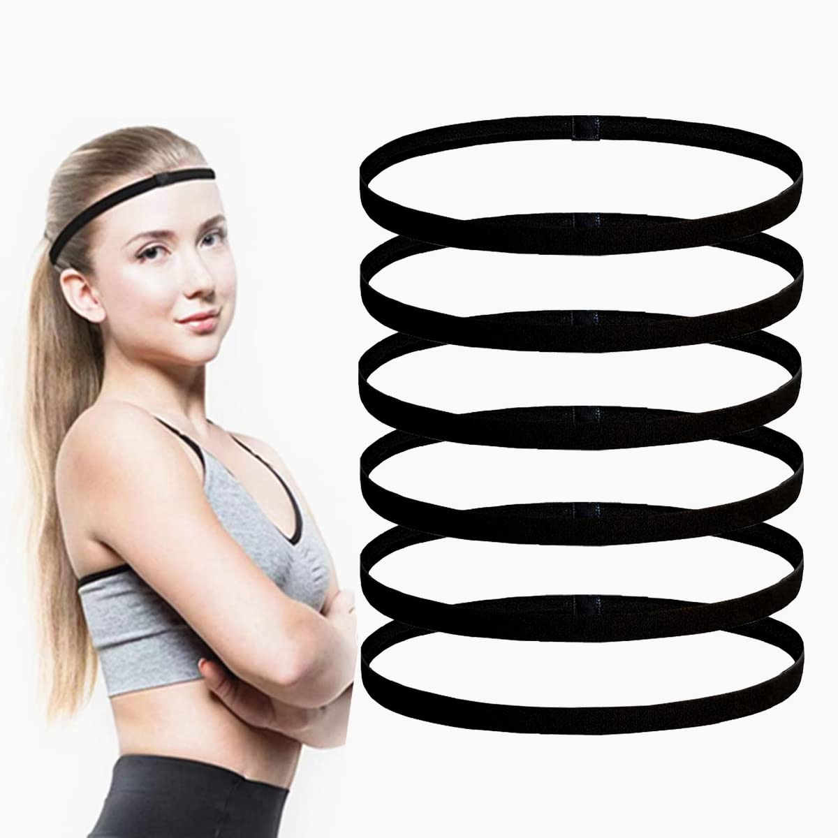 scicent Elastic Bands 6 Pieces Non-Slip Sports Headbands Athletic Exercise Bands Football Hairbands Silicone Grip Hair Bands Mini Sweatband Black - 066