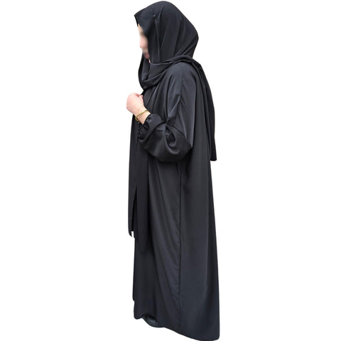 Yaqeen Abaya + attached Headscarf one Piece Prayer dress Jilbab Hijab Ideal for/Home/School/Travel/Mosque/Madrassa/Masjid/Ramadan/Eid (Black)