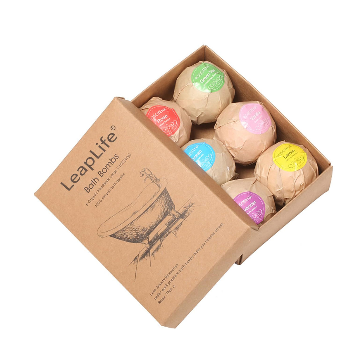 LeapLife Bath Bombs Gift Set,Organic Handmade Large Fizzer with 100% Natural Materials for Kids, Women Men, Best Gift for All Festivals including lemon, rose, lavender, vanilla, green tea, ocean(6pcs)
