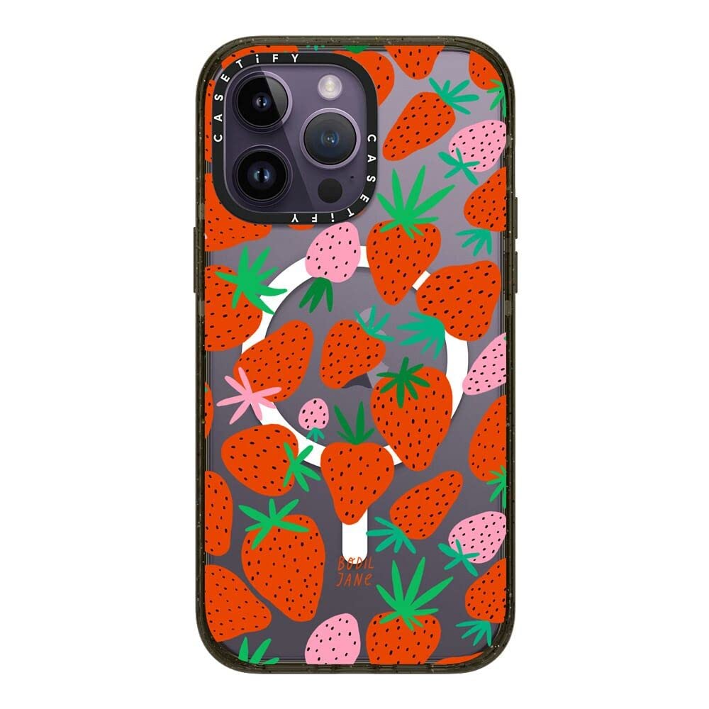 CASETiFY Impact iPhone 14 Pro Max Case [4X Military Grade Drop Tested / 8.2ft Drop Protection/Compatible with Magsafe] - Strawberries - Glossy Black