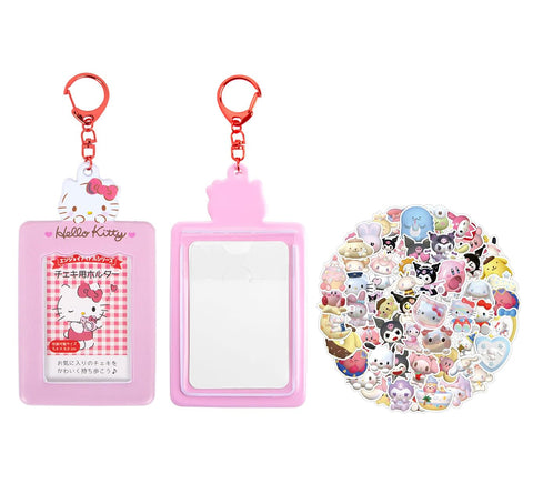 01 Kawaii Photocard Holder + 22 Cute Stickers Kawaii Kpop Photocard Holder Keychain Pendant Storage Bag Stationery Card Case (Pink-K)