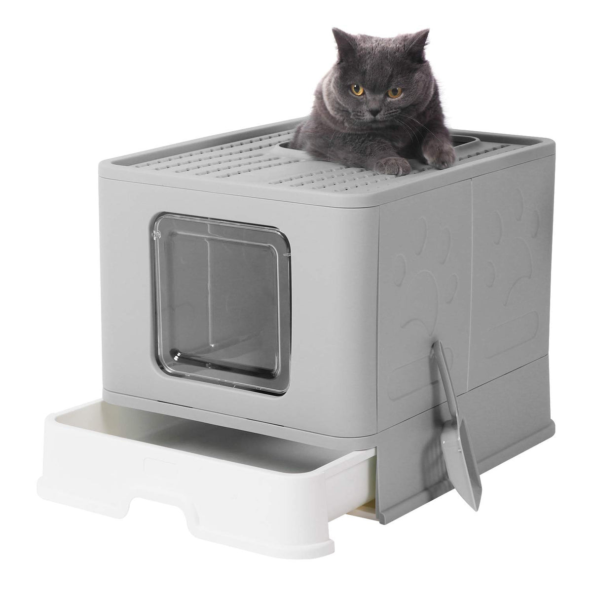 Large Cat Litter Box with Lid, Foldable Covered Kitty Litter Box, Top Entry, Anti-Splashing, Easy Clean, No Smell (Square Door Grey)